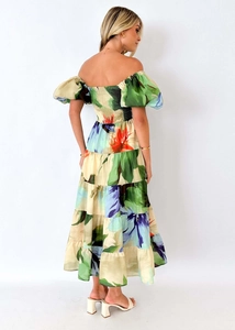 Detail of smocked elastic back and tiered floral skirt on a puff sleeve off-shoulder dress