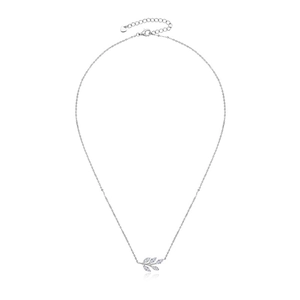 Detail of leaf pendant with D color moissanite and adjustable heart charm chain