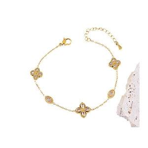 Elegant gold flower clover bracelet with marquise zircon stones and lobster clasp