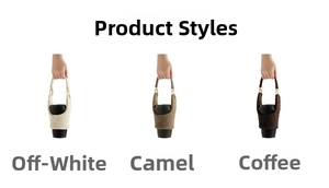 Plush lamb wool coffee cup sleeves with leather handles in beige, camel and brown