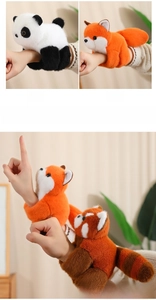 Detailed plush texture of fox and panda snap bracelets on a soft indoor background