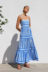 Detailed view of striped maxi dress with thin straps and a wide flowing hem design
