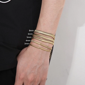 Comparison of 3mm to 8mm wide 18k gold plated stainless steel snake chain bracelets