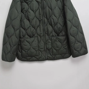 Olive green quilted jacket with diamond stitch pattern, front pockets and zipper closure