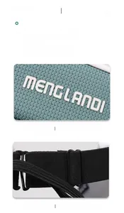 Detail of blue sun visor showing MENG LANDI embroidery and adjustable elastic strap