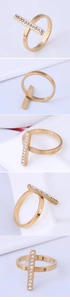 Detail of a gold stainless steel geometric ring with multiple inlaid white crystals