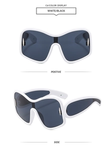 Front and side views of white oversized Y2K shield sunglasses with dark gray lenses