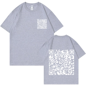 Detailed front and back views of gray cotton t-shirt with QR code prints and round neck