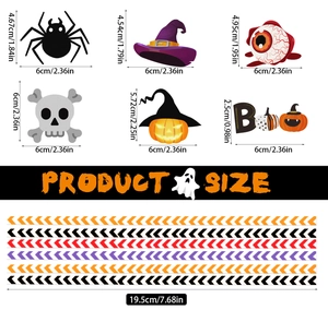 Detailed size specifications for Halloween skull, spider, and pumpkin straw decorations