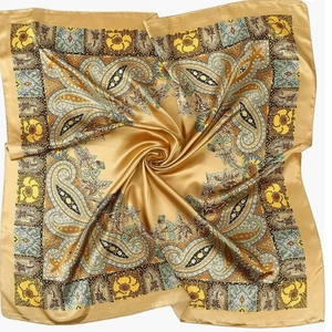 Golden paisley and floral satin square scarf 90x90cm with elegant silk-like luster