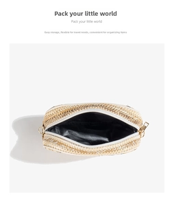 Top view of circular straw bag with white zipper and black lining for small essentials
