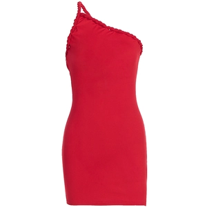 Close-up of red bodycon dress featuring a unique braided shoulder strap and knitted texture