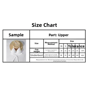 Detailed size chart for white halter bikini top with cup height and bust measurements