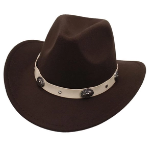 Classic dark brown wide brim felt cowboy hat featuring vintage silver buckle hatband