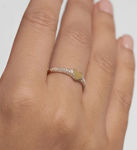 Detailed close-up of rose gold heart ring featuring a micro-pave cubic zirconia band