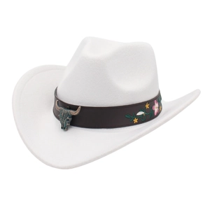 Detail of white felt cowboy hat with leather belt, bull skull metal ornament and embroidery