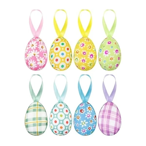 Set of 8 colorful Easter eggs hanging decorations with floral and geometric patterns