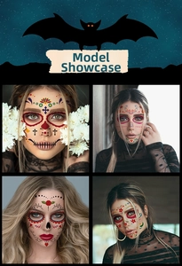 Detail showing four styles of Day of the Dead floral face tattoo stickers on models