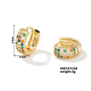 Detailed view of C-shaped gold stud earrings with multi-color zircon and size specs