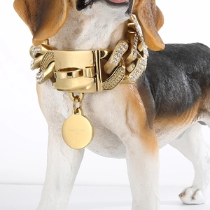 Dog Collar Cuban Link Chain Iced Out Rhinestone 316L Stainless Steel Hip Hop Luxury Gold For Large Medium Dogs