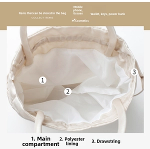 Internal view of beige drawstring bag showing spacious polyester lining and daily essentials