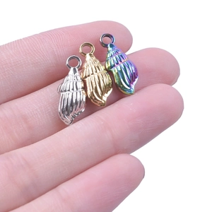 Conch shell pendants in silver gold and rainbow stainless steel held for size preview