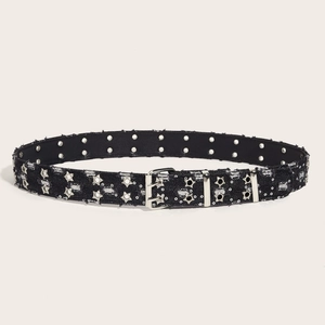 Punk style black denim belt with silver metal star studs and double-row eyelets