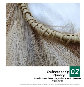 Macro detail of natural beige pampas grass wreath with soft white fibrous accents