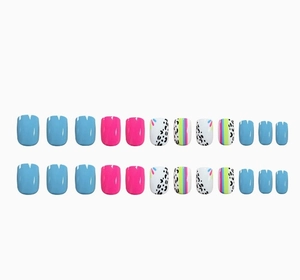 Detailed set of 24 press-on nails with leopard print and colorful stripe designs