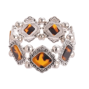 Retro silver geometric elastic bracelet with amber resin diamonds in a vintage style