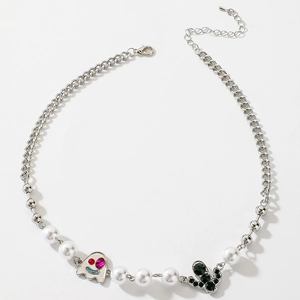 Spliced Necklace Alloy Imitation Artificial Pearl Crystal Rhinestone Cactus Ghost Pendant Halloween Quirky Hip Hop Jewelry Women