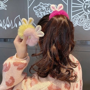 Furry bunny ear scrunchies in candy colors for girls, sweet plush hair accessories set