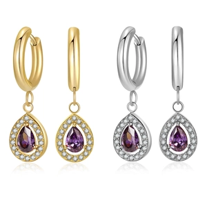 Luxury water drop earrings with purple pear-cut stone and AAA zircon halo in gold and silver