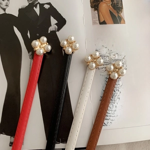 Slim leather belts for women with pearl flower buckles in red black white brown colors