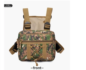 Front view of woodland digital camo tactical chest rig with MOLLE webbing and buckles