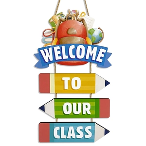 Welcome to our class school sign with crayon wooden hangings and colorful school bag motifs
