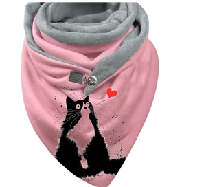 Detail of pink and gray thick wrap scarf featuring a cute black cat and red heart pattern