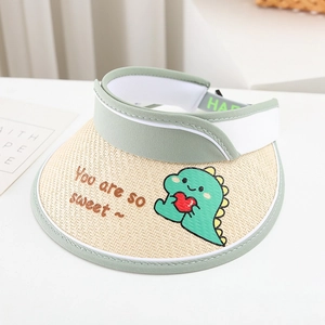 Detail of child straw sun visor with cute 3D dinosaur patch and sweet slogan embroidery