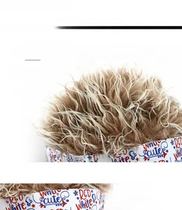 Detail of creative visor hat with synthetic hair wig and bendable brim feature