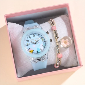 Luminous LED student watch with silicone strap and matching bead bracelet in a gift box