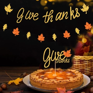 Glittery Give Thanks banner and cake topper set with maple leaves for Thanksgiving party