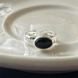 925 Sterling Silver Open Ring With Oval Black Agate Gemstone Minimalist Retro Adjustable Finger Jewelry Women