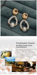 Macro detail of freshwater pearl earrings with gold charms and S925 silver needle studs