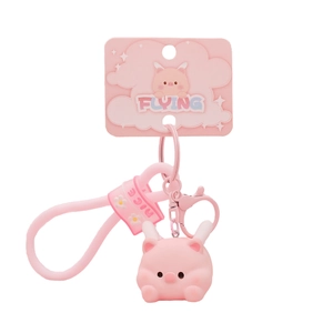 Cute pink pig keychain with nice printed wrist strap and durable metal clasp on white background