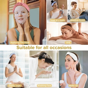 Detailed views of knotted fabric headbands shown in yoga, spa, and beauty routines