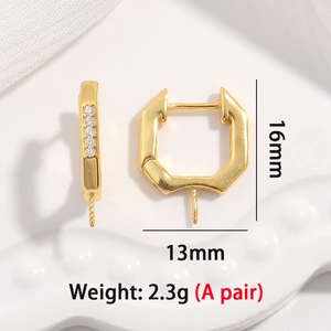 Golden S925 sterling silver hexagonal hoop earrings with white zircon stones, 16mm height