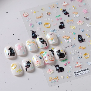 5D Embossed Nail Art Stickers Glow In The Dark Cute Garden Cat Floral Star Adhesive Manicure Decals DIY