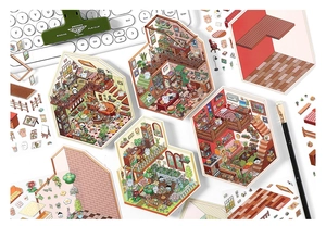 Flat lay of isometric miniature house stickers with colorful indoor furniture scenes