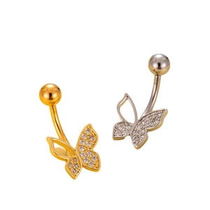 Butterfly belly button rings in gold and silver finish with sparkling cubic zirconia crystals