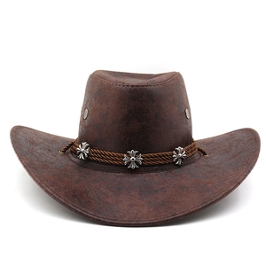 Chapeau de cowboy western vintage marron foncé avec clous en métal croisé et cordon tressé